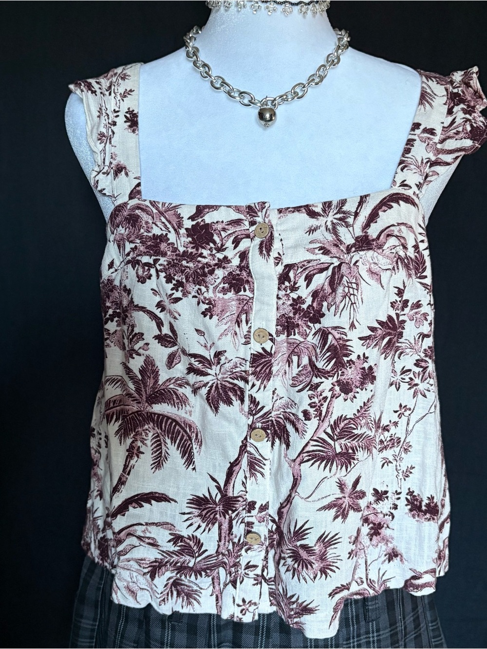 Linen Button Front Ruffled Shoulder Tank Top
